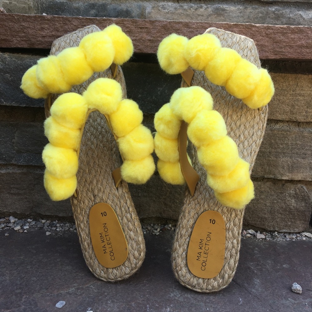 Yellow Pompom Abaca Slippers Slip On Slippers Sandals